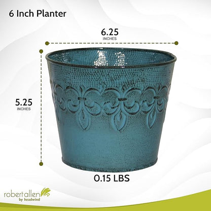 Robert Allen MPT01890 Fluer De Lis Series Metal Planter Flower Pot, 6", Color Surf Blue
