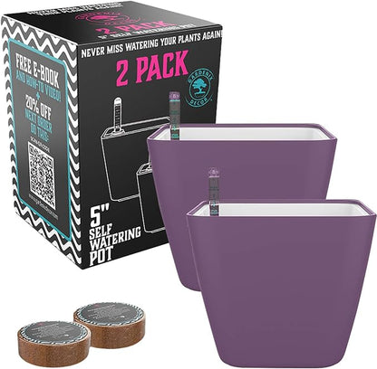 GARDENIX DECOR 5" Self Watering pots for Indoor Plants - Flower Pot with Water Level Indicator for Plants, Grow Tracking Tool - Self Watering Planter Plant Pot – 2 Pack Purple