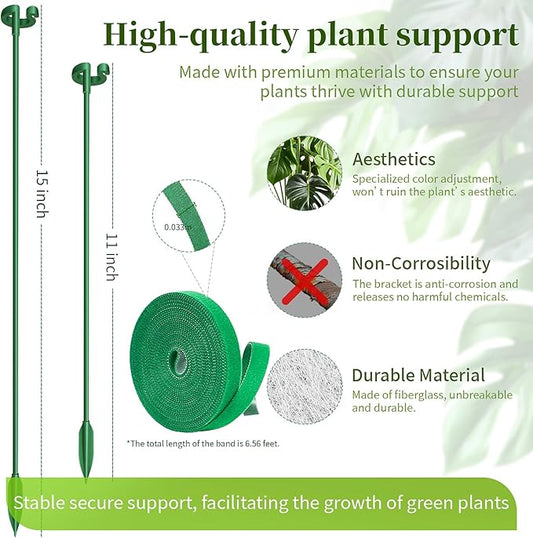 Fiberglass Plant Stakes 15-Pack - 10.8" & 14.6" Plant Support Sticks for Potted Plants, Veggies & Vines | Adjustable Stem Clips | Garden Stake for Tomatoes, Cucumbers, Climbing Flowers