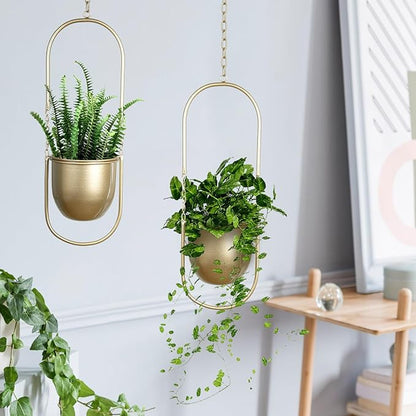 Boho Hanging Planter for Indoor Plants - Set of 2 Gold Metal Wall Planter 5.7Inch with Hooks and Chins, Plant Hanger Decor for Window and Patio - Suitable for Hanging Plants Decor