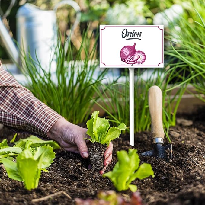 Boylee 8x12inch Aluminum Garden Signs for Vegetables, Onion, Modern Style with Stake and Mounting Hardware