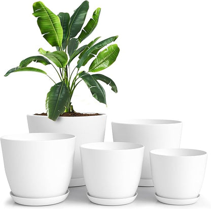 Utopia Home Plant Pots Indoor with Drainage Holes – Set of 5 White Plastic Flower Pots (7/6.6/6/5.3/4.8 Inch) – Modern Planters for Indoor Plants, Room & Office Décor, Great Stocking Stuffers