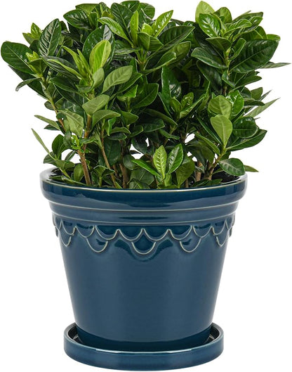 6.3 Inch Ceramic Planter, Plant Pot with Drainage Hole and Saucer, Decorative Glaze Flower Pot for Indoor Plants (Capri Blue)