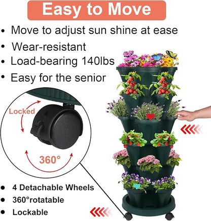 GameXcel Vertical Planter, 6 Tier Stackable Strawberry Planter with Garden Tool Set, Movable Indoor/Outdoor Garden Herb Pot for Growing Vegetables and Succulents, Green