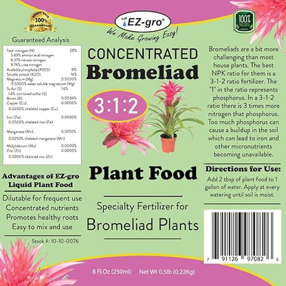 Professional Liquid Bromeliad Fertilizer by EZ-gro | 3:1:2 Ratio of Concentrate Indoor Plant Fertilizer for Your Bromeliads Live Plant | 8 oz Bottle