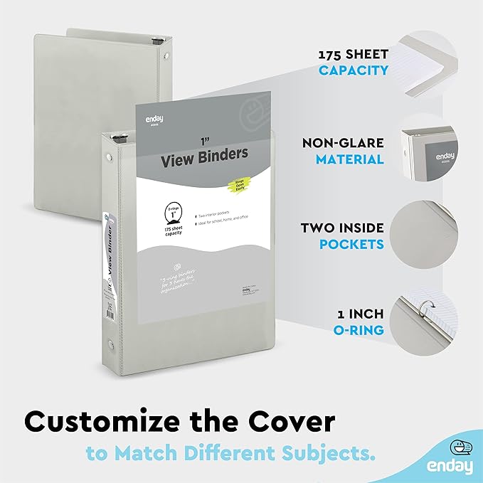 1 Inch 3 Ring Binder 1” Binder Grey Clear View Cover with 2 Inside Pockets, Colored School Supplies Office and Home Binders – by Enday