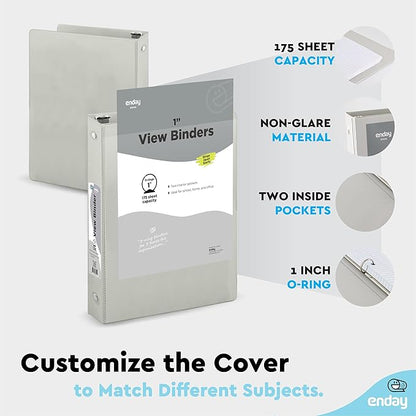 1 Inch 3 Ring Binder 1” Binder Grey Clear View Cover with 2 Inside Pockets, Colored School Supplies Office and Home Binders – by Enday