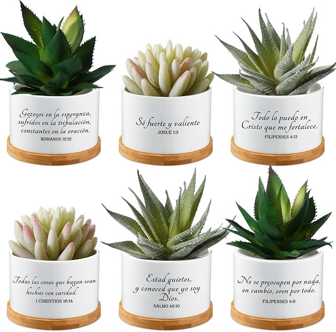 Sieral 6 Pcs Spanish Bible Verse Succulent Pots White Ceramic Flower Planter with Bamboo Tray Small Pots Christian Gift Succulent Planters for Patio Garden 3 x 3 x 2 Inch, Plants Not Included