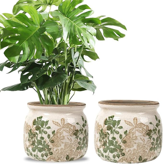 Vintage Floral Ceramic Planter, 2 Pack Flower Pot Rustic Flower Pot Container with Drainge Hole, Ice Crack Plant Pot Decorative Planter for Indoor and Outdoor Tuscan Decor Vase Gardening Gift