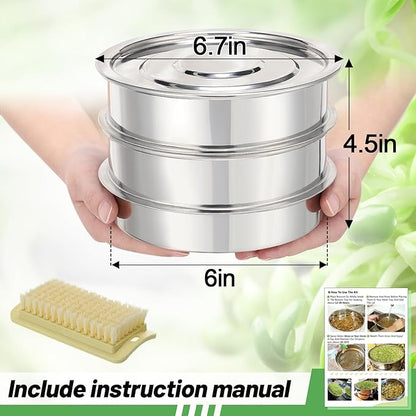 Stainless Steel Seed Sprouting Kit - 3-tier Microgreens Growing Tray 6in Dia, Stackable Round Seed Sprouter Maker with Encrypted Mesh, Sprouts Grower for Beans Broccoli Alfalfa Seeds Wheat Grass
