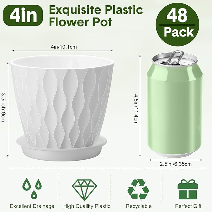 48 Pack 4 Inch Plant Pots Bulk Small Pots for Succulents Waffle Texture Plastic Planter with Drainage Holes and Saucers for Indoor Outdoor Plants Flowers, Seedlings (White)