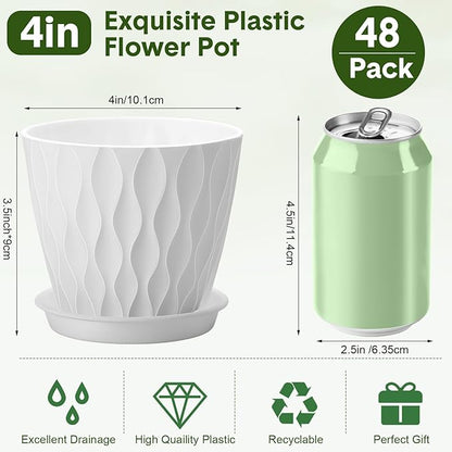 48 Pack 4 Inch Plant Pots Bulk Small Pots for Succulents Waffle Texture Plastic Planter with Drainage Holes and Saucers for Indoor Outdoor Plants Flowers, Seedlings (White)