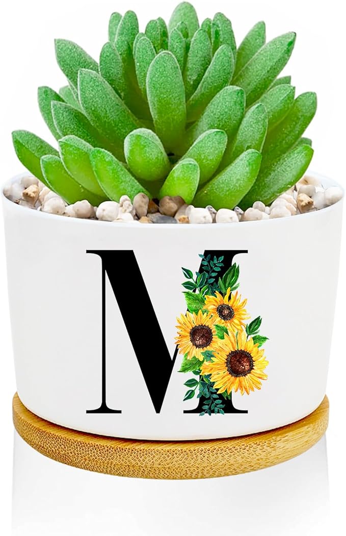 Sunflower Succulent Plant Pots 3 Inch Ceramic Cactus Flower Pots Personalized Initials M Sunflower Gifts for Women Mom Sister,Birthday Housewarming,Wedding,Window Garden Desk Decor