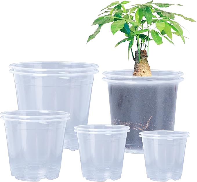 Oubest 6.7/6/5/4/3.5 Inch Clear Nursery Pots Variety Pack with Drainage Holes Transparent Plastic Plant Pot for Plants Seed Starter Planter Flower Pots 10 Packs