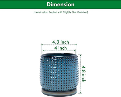 D'vine Dev 4 Inch Ceramic Beaded Stoneware Planter Pot - Flower Pot with Drainage Holes and Saucers for Indoor Succulent Plants or Flowers, Ocean Teal, 27-C-Z-8