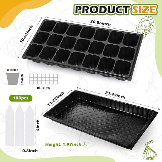 Yinder 20 Pcs Seed Starting Trays with Dome 21 Cells Plug Trays and 1020 Tray No Holes with 100 Pcs Tags Seed Starter Kit for Nursery Germination Plant Propagation