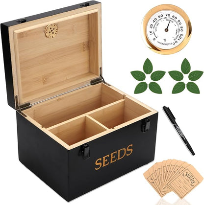 Professional-Designed Bamboo Seed Storage Box with Built-in Hygrometer, Double-Layer Airtight Lid and Safety Lock, Temperature-Stable Wooden Seed Organizer for Preservation, Great Gifts for Gardener