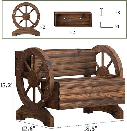 Wooden Wagon Planter Flower Cart with Wheels Garden Box Garden Planter, Decorative Planter for Flowers Herbs Vegetables for Indoor & Outdoor Décor Flower Cart for Patio Garden Balcony (Carbonized)