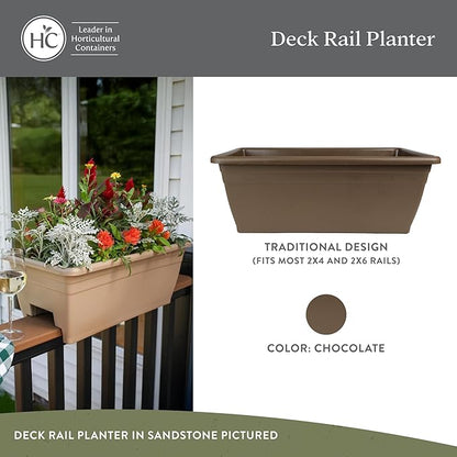 The HC Companies 24 Inch Deck Rail Planter Box with Drainage Plug, Lightweight UV-Resistant Plastic Outdoor Planters for Wood Deck Rail, Flower Box for Garden, Patio, Balcony, and Fence, Chocolate