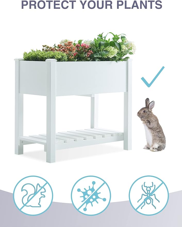 Psilvam Raised Garden Bed (4'x2') - 34 Inch Tall Poly Lumber Planter Box with Storage Shelf & Waterproof Tarp, No Assembly Required, Rot Resistant & Zero Maintenance for Vegetables, Flowers