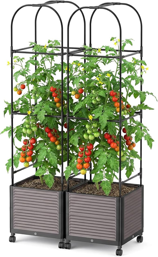 DoCred 60" H Raised Garden Bed Planter Box with Wheels, 2 Pack Tomato Cage Planter Raised Garden Bed with Trellis for Climbing Vegetables Plants Tomato Cage, Indoor Outdoor Use