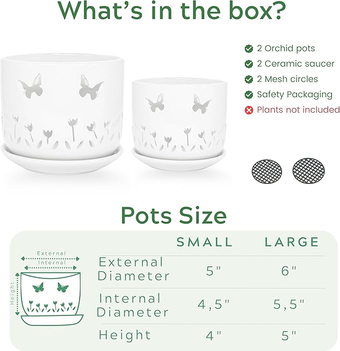 2 Pack, 5 + 6 Inch White Orchid Pots with Butterflies and Tulips Holes and Saucer, Ceramic Orchid Planters for Repotting with Drainage Holes and Tray Indoor Outdoor, Butterfly Gift