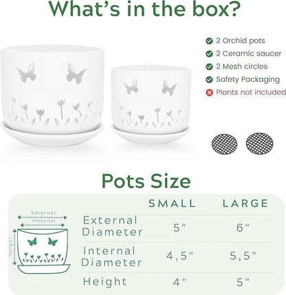 2 Pack, 5 + 6 Inch White Orchid Pots with Butterflies and Tulips Holes and Saucer, Ceramic Orchid Planters for Repotting with Drainage Holes and Tray Indoor Outdoor, Butterfly Gift