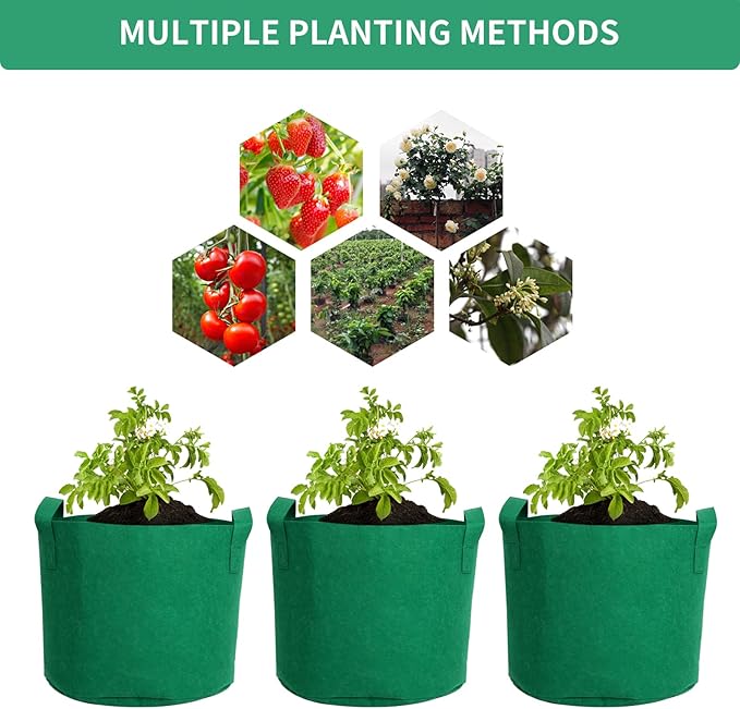 5 Gallon Plant Grow Bags, Green Fabric Pots with Handles, 11.8 * 9.8 Inch Nonwoven Fabric Planters for Vegetables and Potatoes, 5 Pack