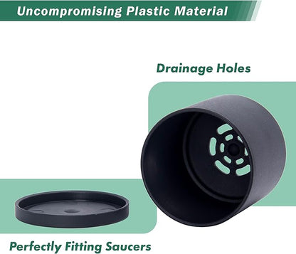 D'vine Dev 10 Pack Plastic Plant Pots for Plants, 6.5/6/5.5/5/4.5/4/3.5/3/2.5/2 Inch Indoor Planters Cylindrical Succulent Pot with Drainage Hole and Saucer, Black, 74-S-B