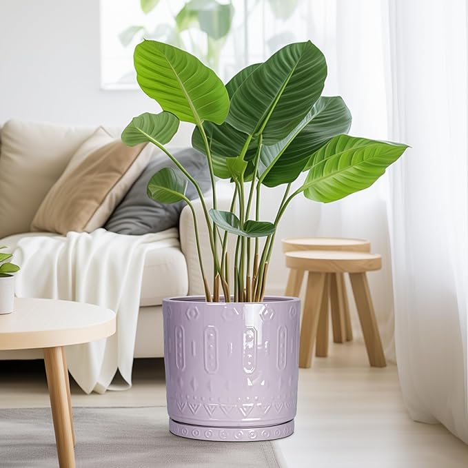 10 Inch Planter, Ceramic Plant Pots for Indoor Outdoor, Round Pot for Plants with Drainage Hole and Sacuer, Boho Plant Pot, Decorative Flower Pots, Living Room Decor, Purple
