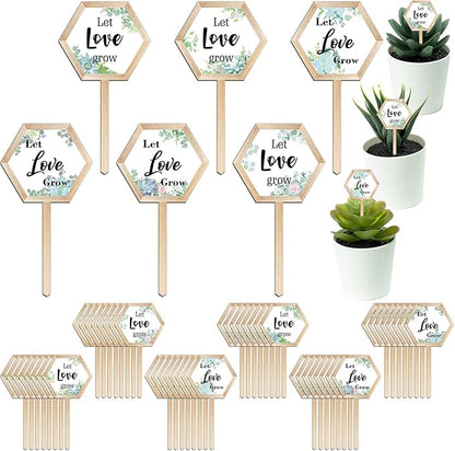48 Pcs Let Love Grow Succulent Tags Wedding Favors Hexagon Wooden Plant Stakes Label Garden Marker Plant Sign for Wedding Gift Thanksgiving Baby Shower Seed Potted Flower Garden (Love Style)