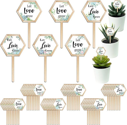 48 Pcs Let Love Grow Succulent Tags Wedding Favors Hexagon Wooden Plant Stakes Label Garden Marker Plant Sign for Wedding Gift Thanksgiving Baby Shower Seed Potted Flower Garden (Love Style)