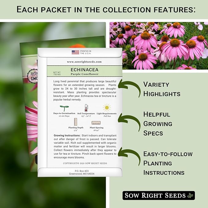 Sow Right Seeds - Medicinal Herb Seed Collection for Planting - Roman Chamomile, Echinacea, Lavender, Hyssop & Comfrey - Non-GMO Heirloom Seed - Grow Your own Home Remedies, Teas, & Tinctures