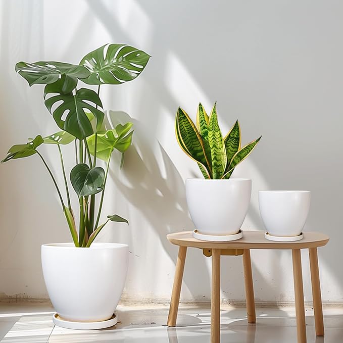 Ceramic Pots for Plants - 10+8+6 Inch Round Modern Planters for Indoor Outdoor Plants, Flower Pots with Drainage Holes and Saucers, Room Patio Decor, Gifts for Plant Lovers, Set of 3, White