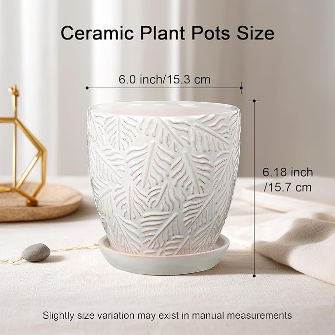 EFISPSS Ceramic Plant Pots, 6 Inch Ceramic Planter Pot with Drainage Hole and Saucer, Indoor Modern Flower Pots, Set of 2 - White