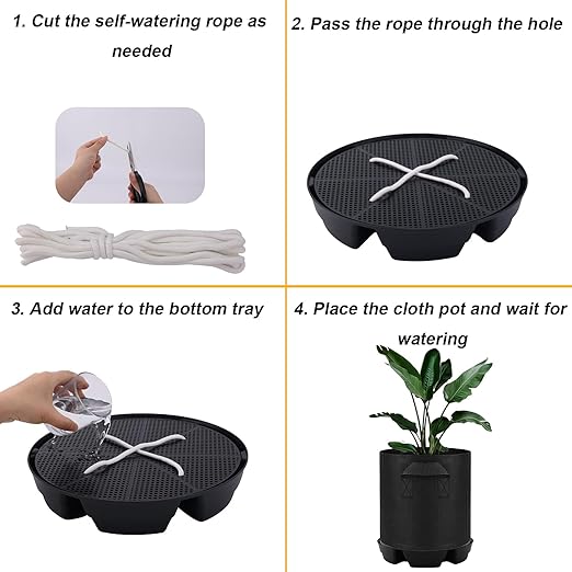 4pcs Auto Plant Watering Devices, Plastic Self-Watering Base with Cotton Fabric & Rope Automatic Autopots Water Planter Saucer Stand Trays for Greenhouse Indoors Grow Tents Grow Bags Accessories