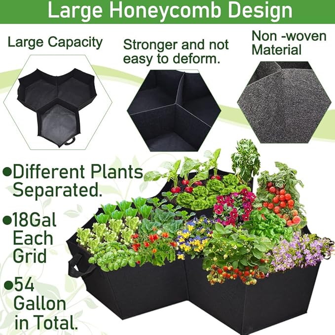 Large Fabric Raised Garden Bed Outdoor, Planter Raised Beds 3 Hexagonal Grids with Handles, Cloth Raised Garden Bed Grow Bags for Vegetables - 7x1ft (54 Gallon, 2 Pack)