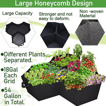 Large Fabric Raised Garden Bed Outdoor, Planter Raised Beds 3 Hexagonal Grids with Handles, Cloth Raised Garden Bed Grow Bags for Vegetables - 7x1ft (54 Gallon, 2 Pack)