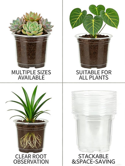 JOPY Plant Nursery Pots with Humidity Dome Seed Starter Pots Seedlings Planting Pots Small Planter Containers with Drainage Holes (Transparent, 5/6/7 inch-30Pcs)