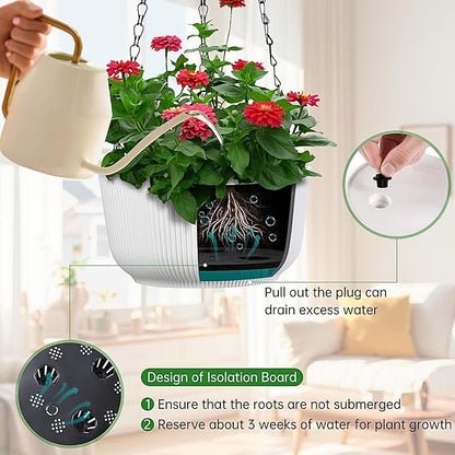 White Hanging Planters for Indoor Outdoor Plants, Set of 2 8.8 Inch Self-Watering Hanging Pots with Drainage Hole & Plug II Screw-in Hooks II