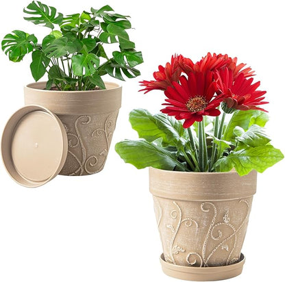 Melphoe Plant Pots Indoor with Drainage & Saucer, 2Pack 7/8 inch Flower Pots Outdoor Planters for Indoor Plants Garden Home Decor Cactus Succulent, Rigid Plastic (Imitation-Terracotta) Vine-Embossed