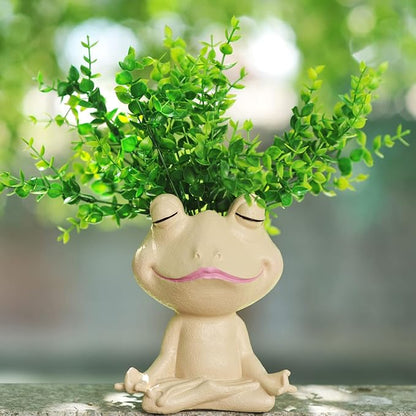 Face Planters Pots Head Yoga Frog Resin Plant Pot with Drainage Hole(Khaki-A)