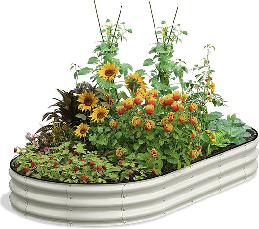 Galvanized Raised Garden Bed, 8x4x1 FT Oval Metal Planter Box for Outdoor, 12” Raised Beds for Gardening Vegetables Flower Herb(Pearl White)