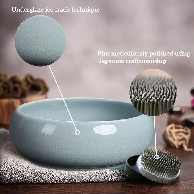 Water Lotus Bowl Planter Kit - Japanese Compote Bowl Ikebana Vase Set w/ 1.8" Floral Frog- Ideal for Ikebana, Flower Arrangement & Hydroponic Planting (Ice Crackle Celadon)