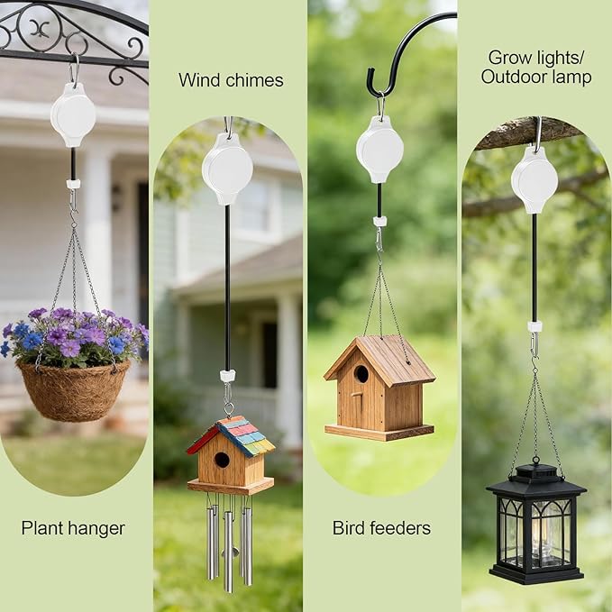 Retractable Plant Hanger with Pulley System, Effortless Raising and Lowering for Indoor and Outdoor Plants, Hanging Planters, Garden Pots & Bird Feeders (4-Pack,White)