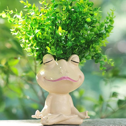 Face Planters Pots Head Yoga Frog Resin Plant Pot with Drainage Hole(Khaki-A)