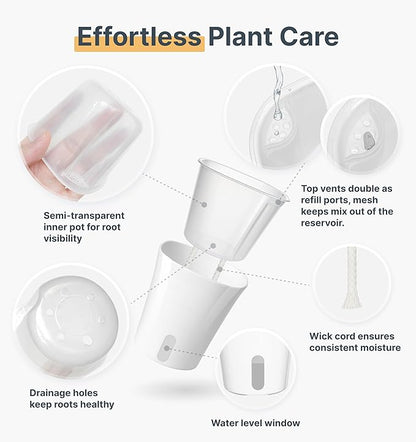 8 Pack 4" Self Watering Pots for Indoor Plants, Clear Inner Cup, Small White Plastic Planters, Water Level Indicator, Drainage Holes, Extra 3ft Wick, Cuttings,Seedlings,Herb,African Violets