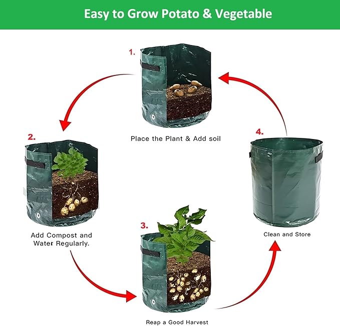 Potato Grow Bags,(5 Pack 10 Gallon) Garden Vegetables Growing Planter with Handles and Access Flap for Planting Potato Carrot Onion Taro Radish Peanut, (Dark Green)