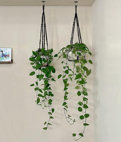 Mkono Macrame Plant Hanger Indoor Hanging Planter Basket and Ceiling Hooks, Wood Beads Decorative Flower Pot Holder for Indoor Outdoor Boho Home Decor, Black，Set of 2