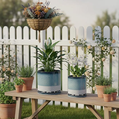 Ceramic Plant Pots Flower Pots Round Planter with Drainage Hole and Saucer Indoor Outdoor with Mesh Pad and Silicone Plug Office Home Decor 5.5+6.5 inch Set 2
